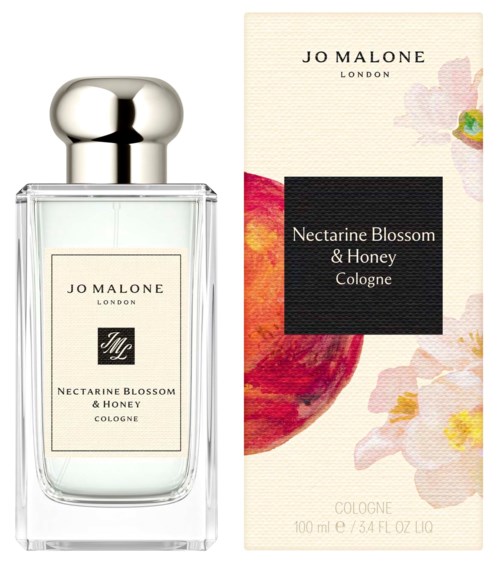A perfume bottle and box labeled Jo Malone Nectarine Blossom & Honey Cologne with floral design.