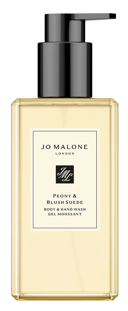 A clear bottle of Jo Malone Peony & Blush Suede body and hand wash with a black pump cap.