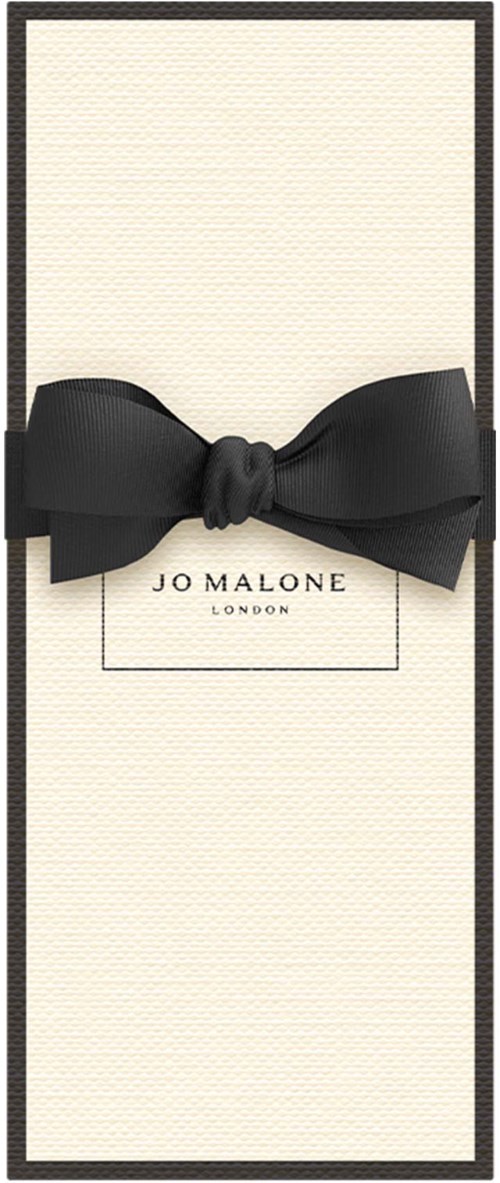 A cream-colored card with a black ribbon and bow, featuring the text 'Jo Malone London'.