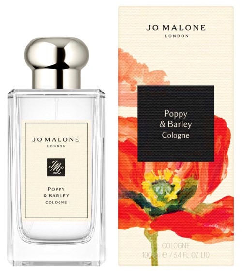 A perfume bottle and box for Jo Malone Poppy & Barley cologne with floral artwork.