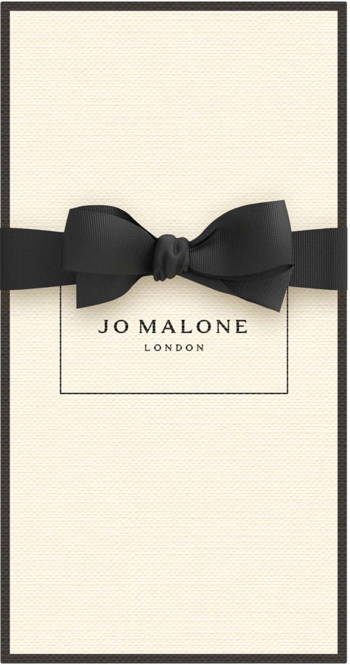 Een witte cadeaulijst met een zwart lint en een label met 'Jo Malone London'.
