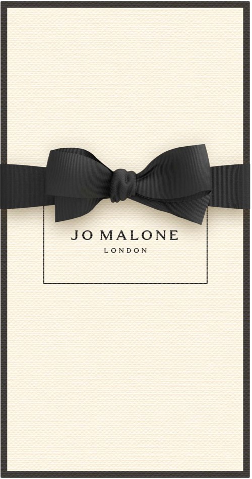 Elegant hvid æske med sort bånd og bow, mærket 'Jo Malone London'.