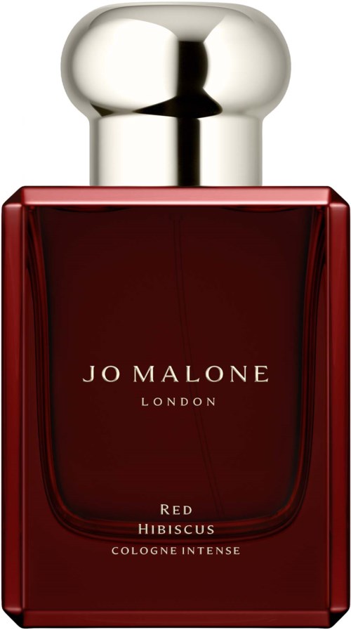Een rode parfumbot met een zilveren dop, gemerkt Jo Malone London Red Hibiscus Cologne Intense.