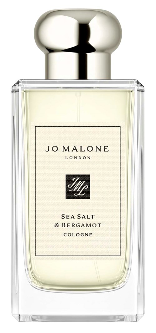 Jo Malone Sea Salt and Bergamot Cologne lasipullossa, jossa hopeinen korkki.