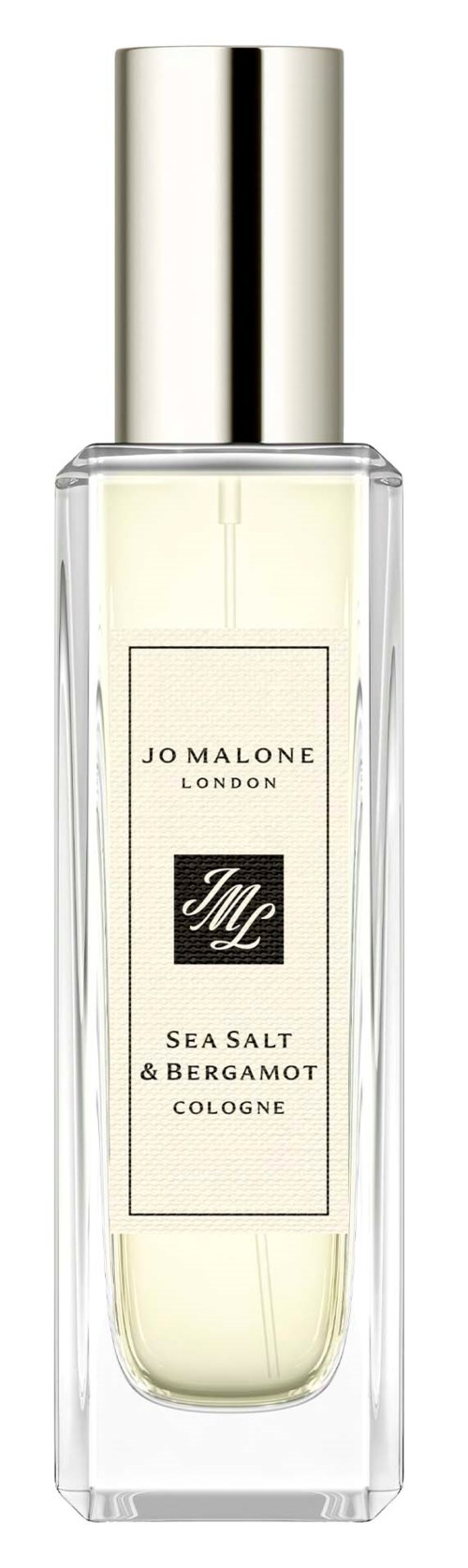 Selkeä lasipullo Jo Malone London Sea Salt & Bergamot -kullolle, jossa hopeinen kansi.