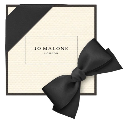 Jo Malone London gaveæske med sort bånd på hvid baggrund.