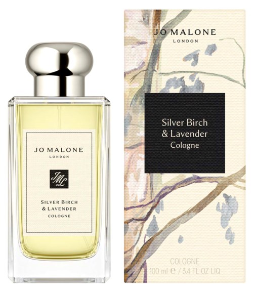 A Jo Malone cologne bottle and its box, both labeled Silver Birch & Lavender, with a floral and branch design.