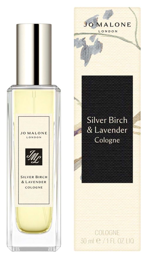A bottle of Jo Malone Silver Birch & Lavender Cologne with its box, showing a simple design and soft colors.