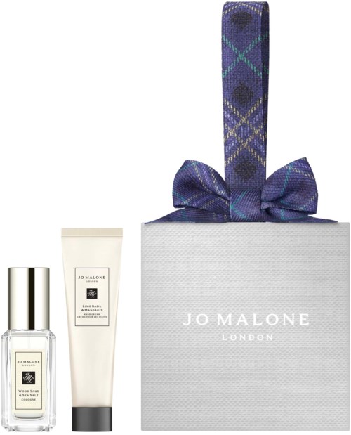 Jo Malone London-Geschenkset mit Parfümflasche, Creme und Box mit Karo-Band.