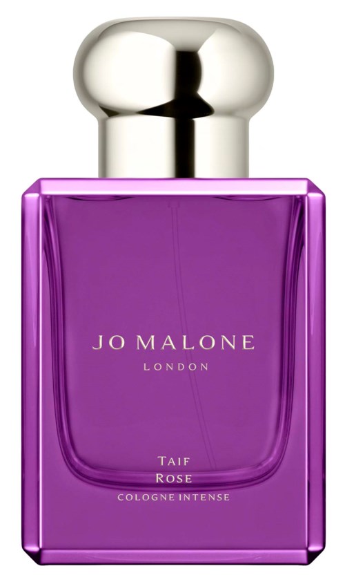En lila parfymflaska med silverlock. Etiketten säger Jo Malone London, Taif Rose, Cologne Intense.