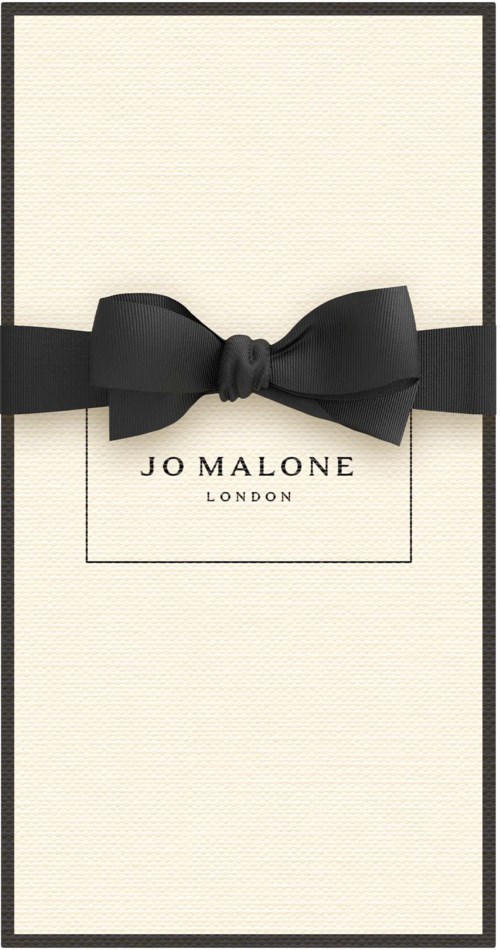 Elegant white card with a black ribbon and bow, displaying 'Jo Malone London' in the center.