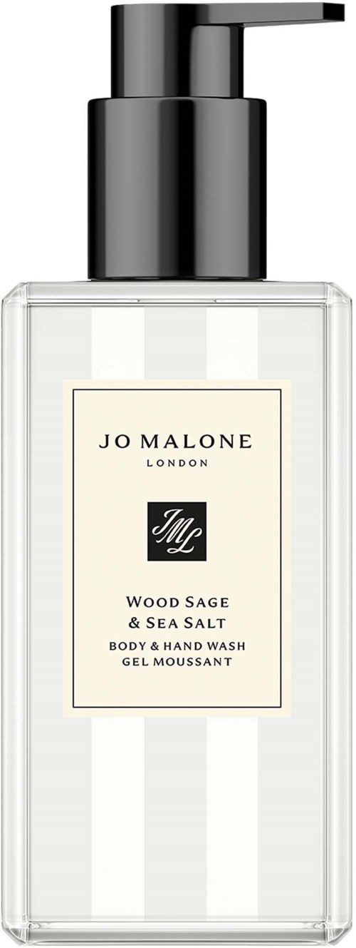 En klar flaske med body- og håndvask mærket Jo Malone London, med en sort pumpe og hvid etiket.