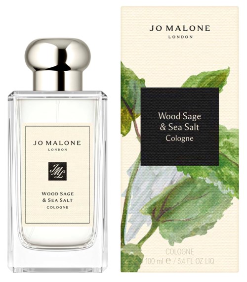 Korek Jo Malone London Wood Sage & Sea Salt i opakowanie z motywem zielonych liści.