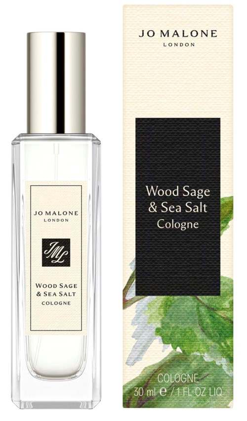 Przezroczysta butelka perfum z srebrnym kapslem i pudełko z zapachem Wood Sage & Sea Salt od Jo Malone.