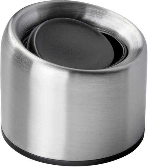 A metallic object with a rounded top and a black center, looks like a modern, sleek container or speaker.