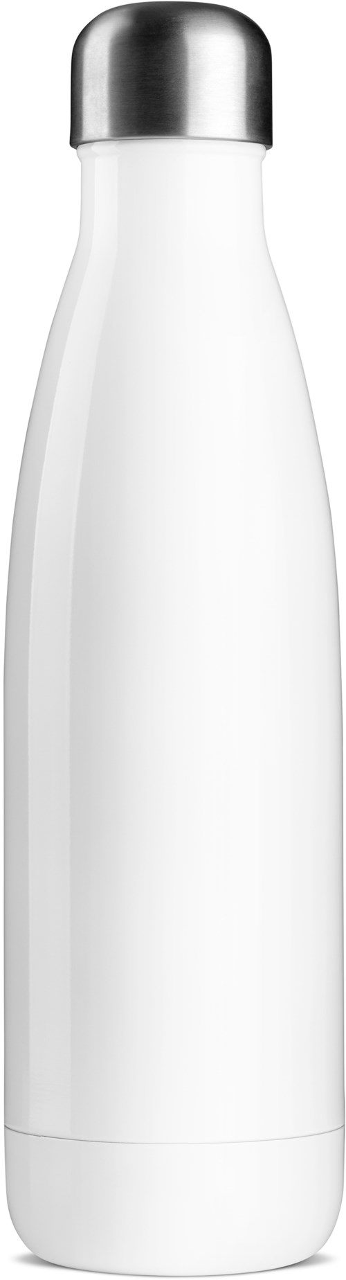 A white, tall, slim bottle with a black cap, likely used for beverages or liquids.