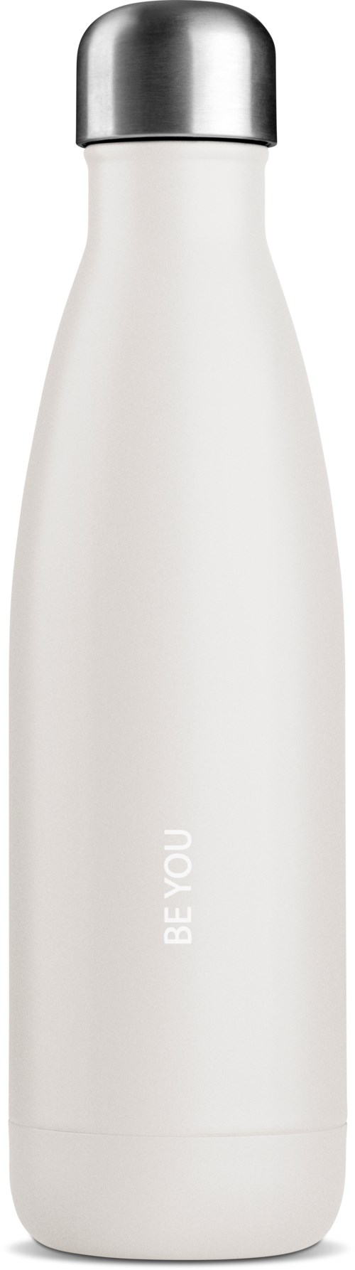 A white water bottle with a silver cap and the words "BE YOU" on it.