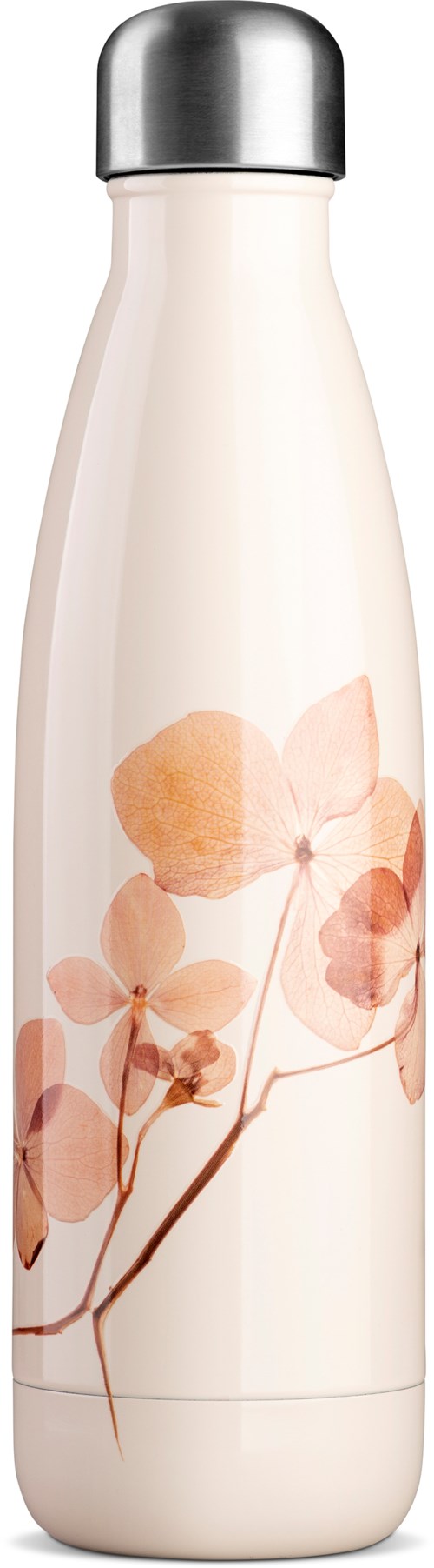 A white bottle with a silver cap and a floral design of pink and peach leaves and flowers.
