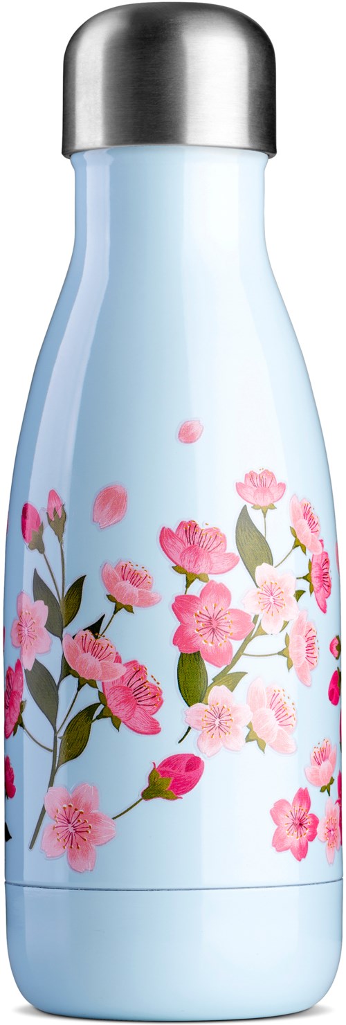 A blue water bottle with pink flowers and green leaves, silver cap, simple and attractive design.