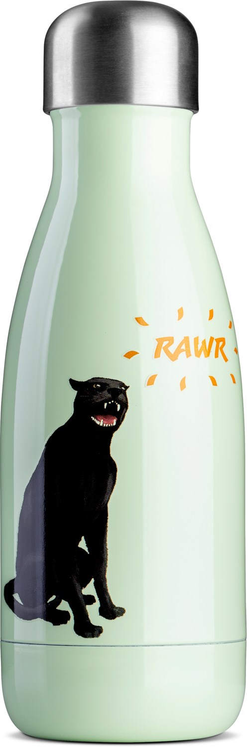 Vaaleanvihreä vesipullo, jossa on musta kissatiski ja sana "RAWR" oranssina lähellä.