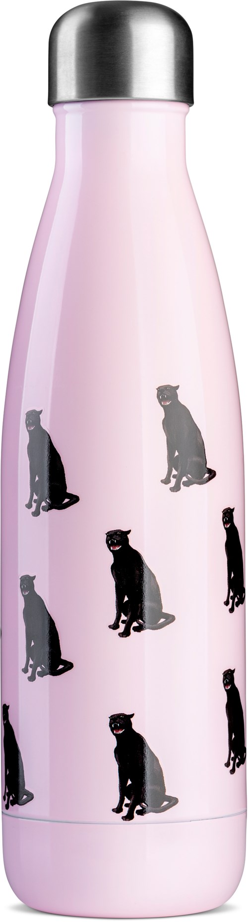 Rosa flaska med svart och grå hundillustrationer upprepade runt den.