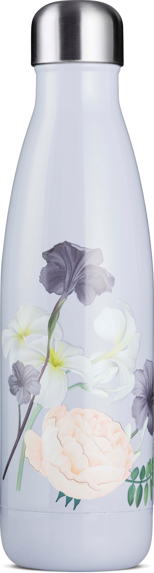 A white bottle with a silver cap, decorated with light-colored flowers and green leaves, designed for drinking or pouring.