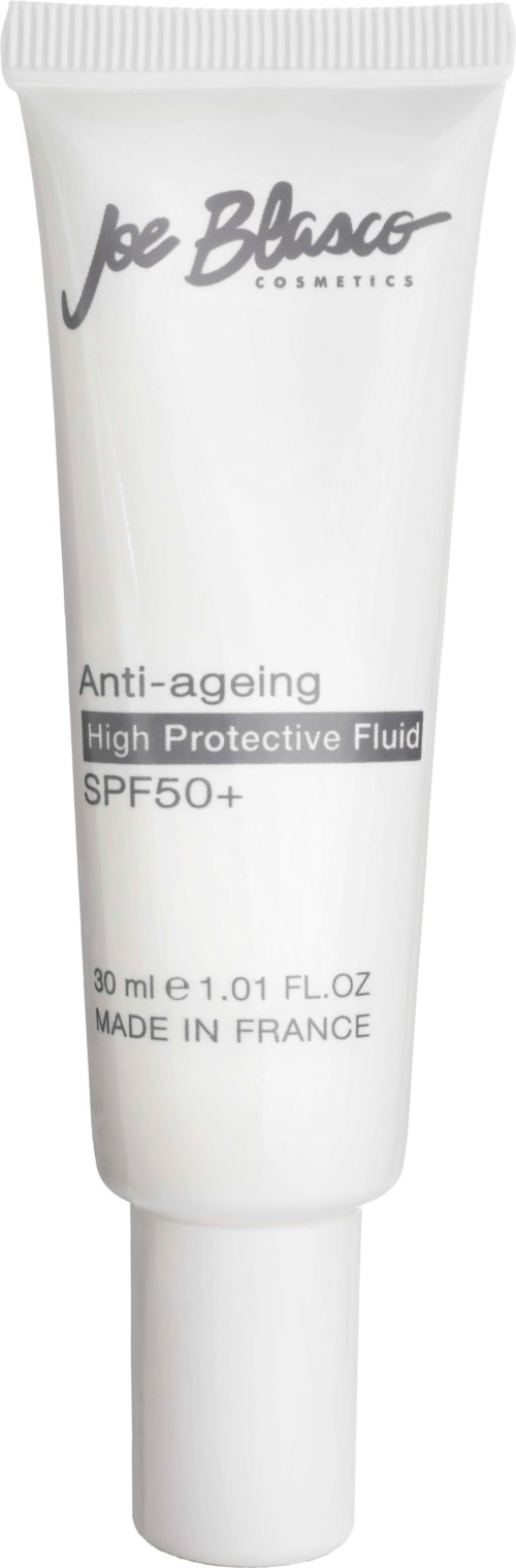 En hvid tube med anti-aging ansigtscreme med SPF50+ fra Joe Blasco Cosmetics.