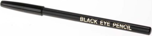 Mustat”Black Eye PENCIL” -tekstit sisältävä kynä, jossa on suojus ja se on asetettu diagonaalisesti.