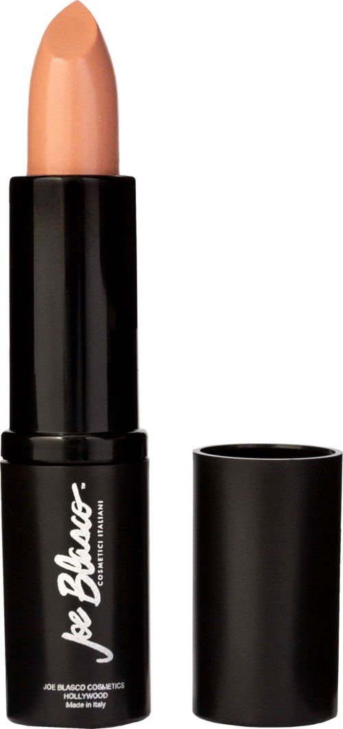 Peach-colored lipstick in a black tube with a cap, brand name 'Joe Blasco' on the tube.