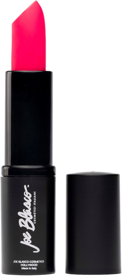 Pink lipstick in a black tube with white text, partially open.