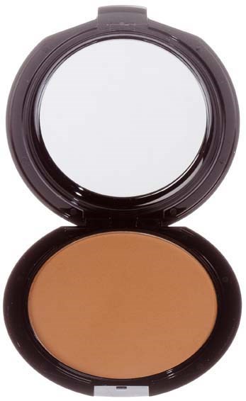 A compact with a mirror on top and pressed powder inside below.