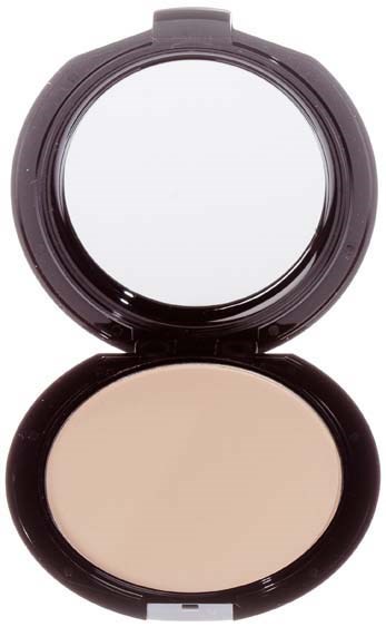 A compact with open lid, showing mirror inside and beige pressed powder.