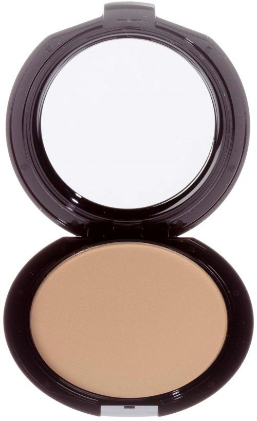 A round compact with a mirror and pressed powder inside, used for makeup or face touch-ups.
