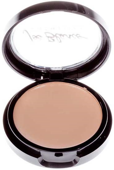 A compact with light beige face powder and a mirror inside the lid.