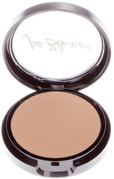 A compact with light beige powder and a mirror inside the lid. It is open and ready to use.