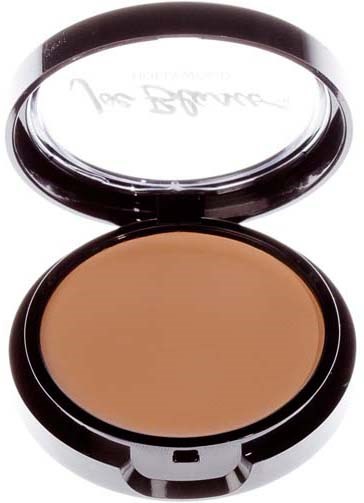 A compact with beige powder, an open mirror lid designed for makeup touch-ups.