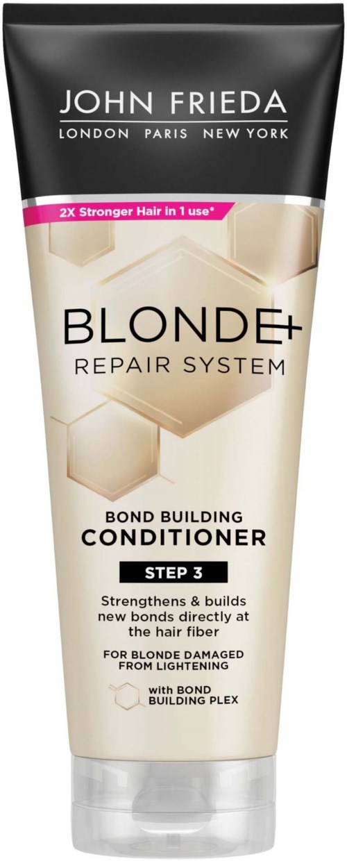 A tube of Blonde+ Repair System Conditioner for stronger, healthier hair, especially for blondes, with bonding ingredients and step 3 label.