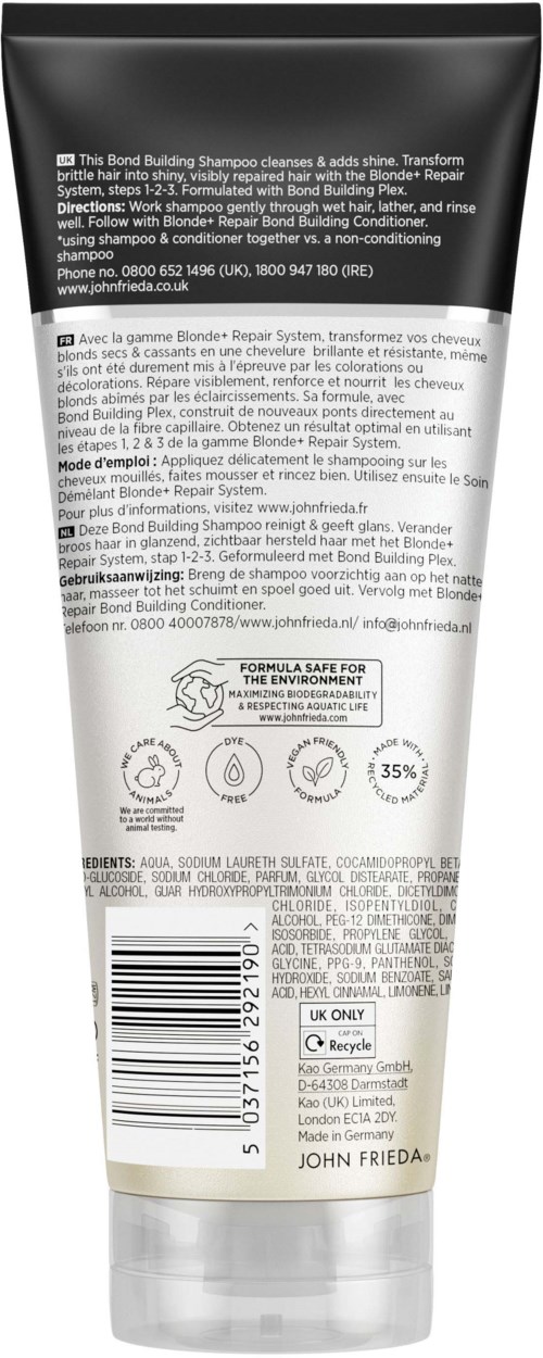 A shampoo tube with text, instructions, ingredients, and icons, including a recycling symbol and 35% organic content label.