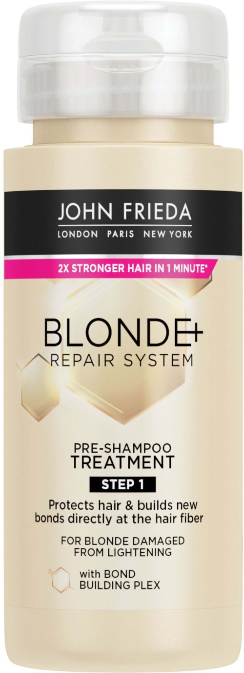 A shampoo bottle for blondes with a black, pink, and white label showing brand and benefits.
