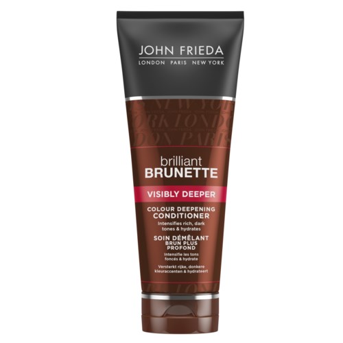 En tub med John Frieda Brilliant Brunette balsam för mörkt hår, med svarta, bruna och rosa färger och text.