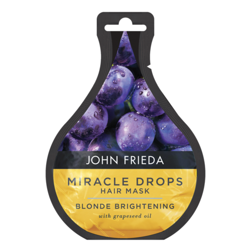 A hair mask container with purple grapes, labeled as Miracle Drops Hair Mask for blonde brightening.