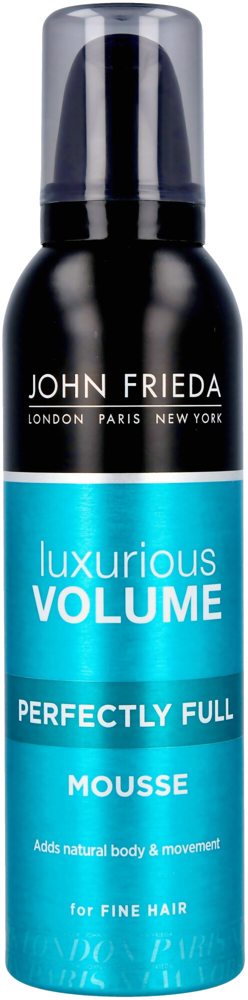 A black bottle with a blue label says luxurious volume mousse, perfect fullness, and adds natural body for fine hair.