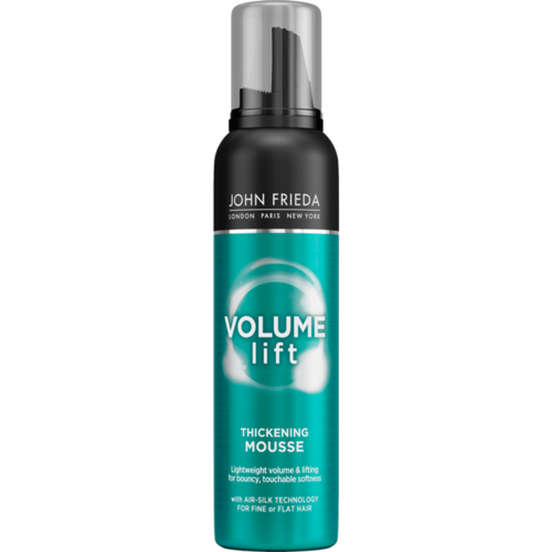 A teal bottle with a black cap, labeled 'Volume Lift' thickening mousse for hair, with support for fine or flat hair.