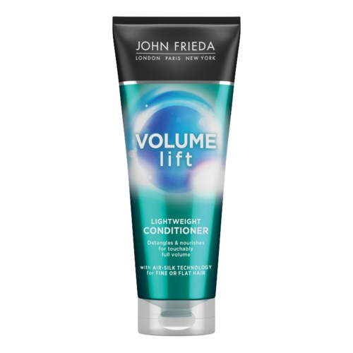 En tub med John Frieda Volume Lift lättviktsbalsam för fint eller platt hår, med en turkos och svart design.