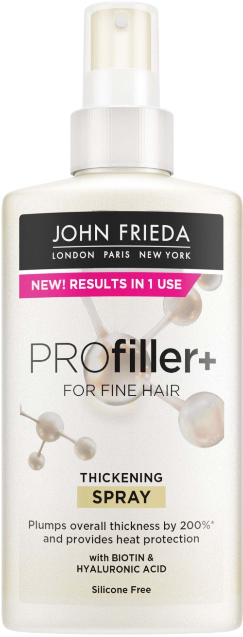 En hvit sprayflaske merket 'PROfiller+,' for å tykke håret, med rosa og svarte detaljer, inneholder et hårpleieprodukt.