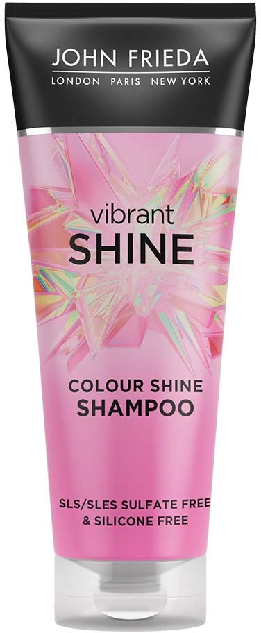 Pink sjampo tube med svart og hvit topp, fargerik abstrakt design, og tekst for livlig glans og sulfatfri.