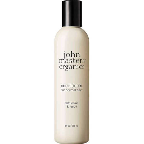 En hvit flaske med svart lokk merket 'john masters organics' for normalt hår, med sitrus og neroli duft.