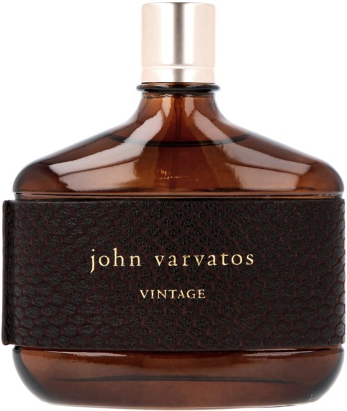A brown perfume bottle with a silver cap, labeled 'john varvatos VINTAGE'.