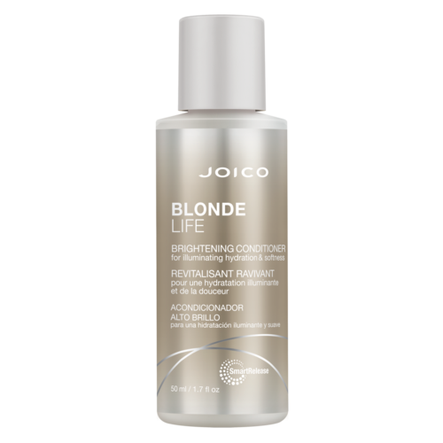 En sølvfarget flaske merket 'Joico Blonde Life Brightening Conditioner' for hårrengjøring og mykhet.