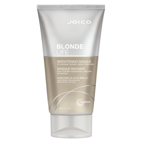 Een tube JOICO Blonde Life Brightening Masque voor haar, met zilveren en beige kleuren, met witte tekst.